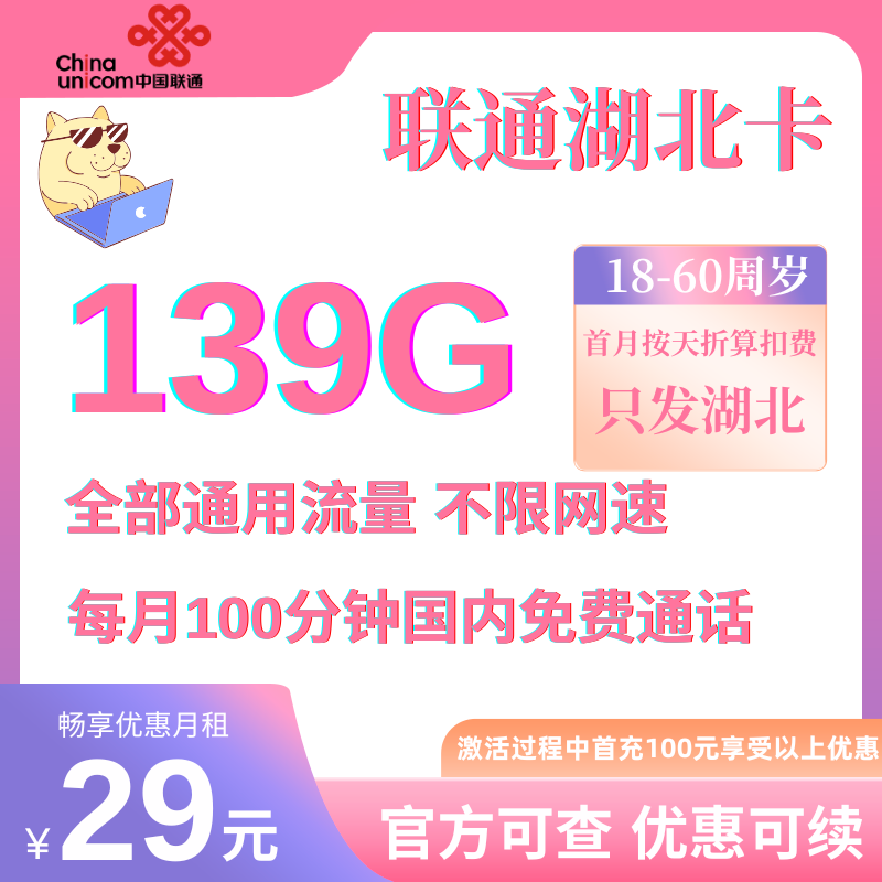 中国联通湖北卡（正常选号 发湖北省内）丨29元139G全国通用流量+100分钟（可选靓号,优惠可续）