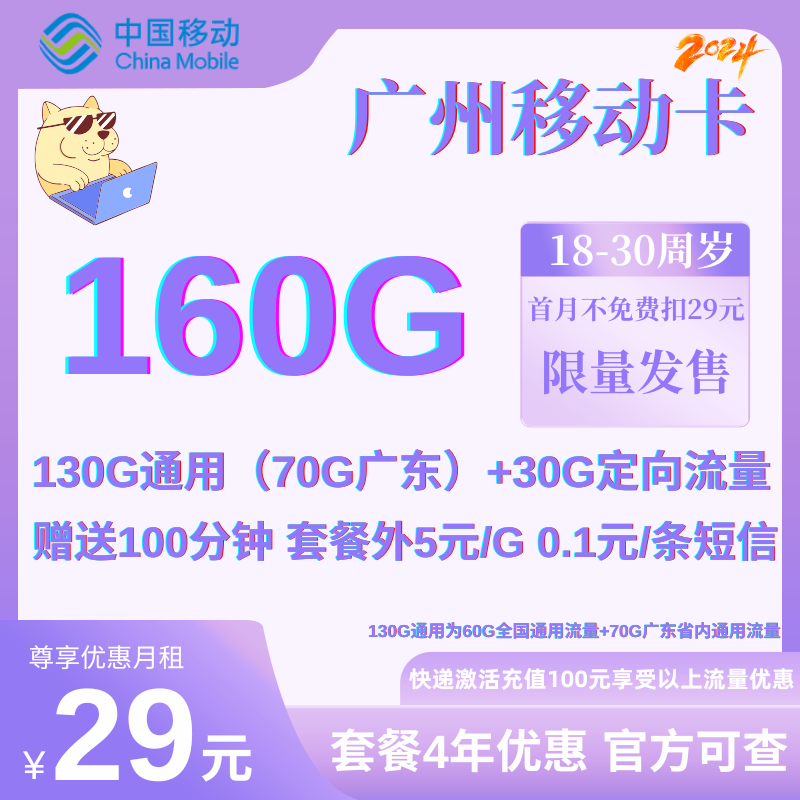 中国移动广州卡②（首充100限量发售）丨29元130G通用流量+30G定向流量+100分钟（充值100享优惠）