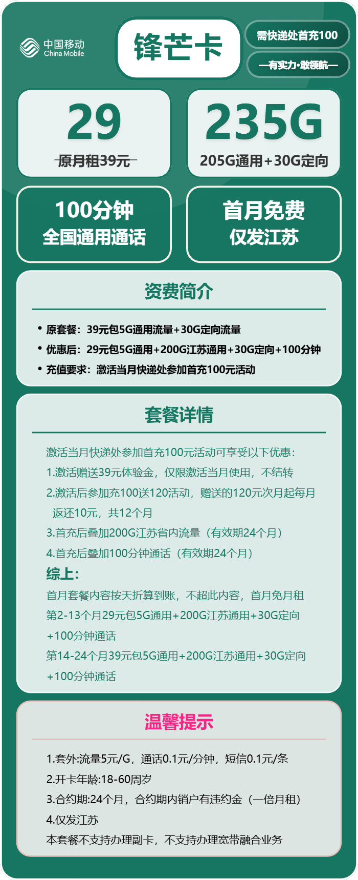 移动锋芒卡29元包205G通用+30G定向+100分钟