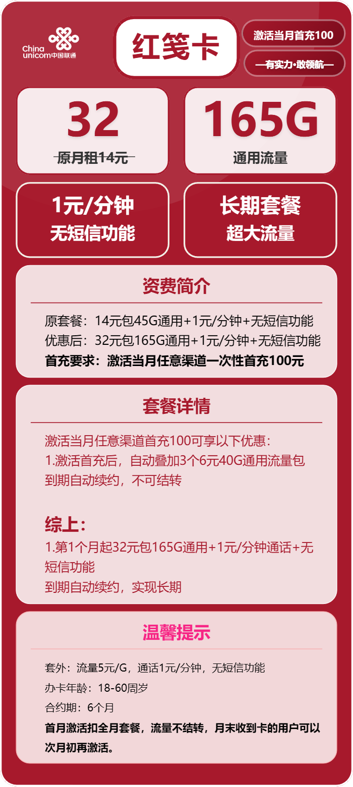 联通红笺卡32元包165G通用+通话1元/分钟