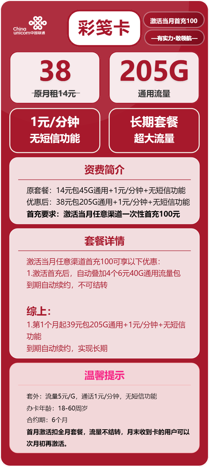 联通彩笺卡38元包205G通用+通话1元/分钟