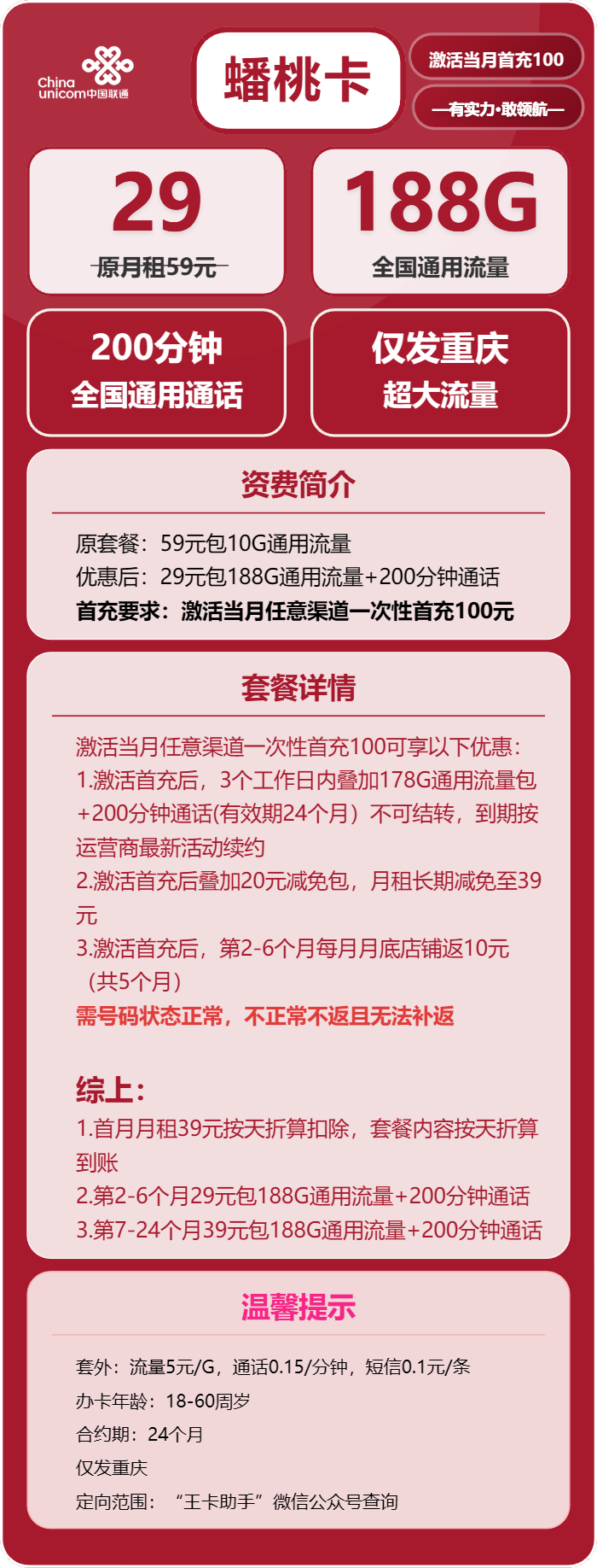 联通蟠桃卡29元包188G通用+200分钟