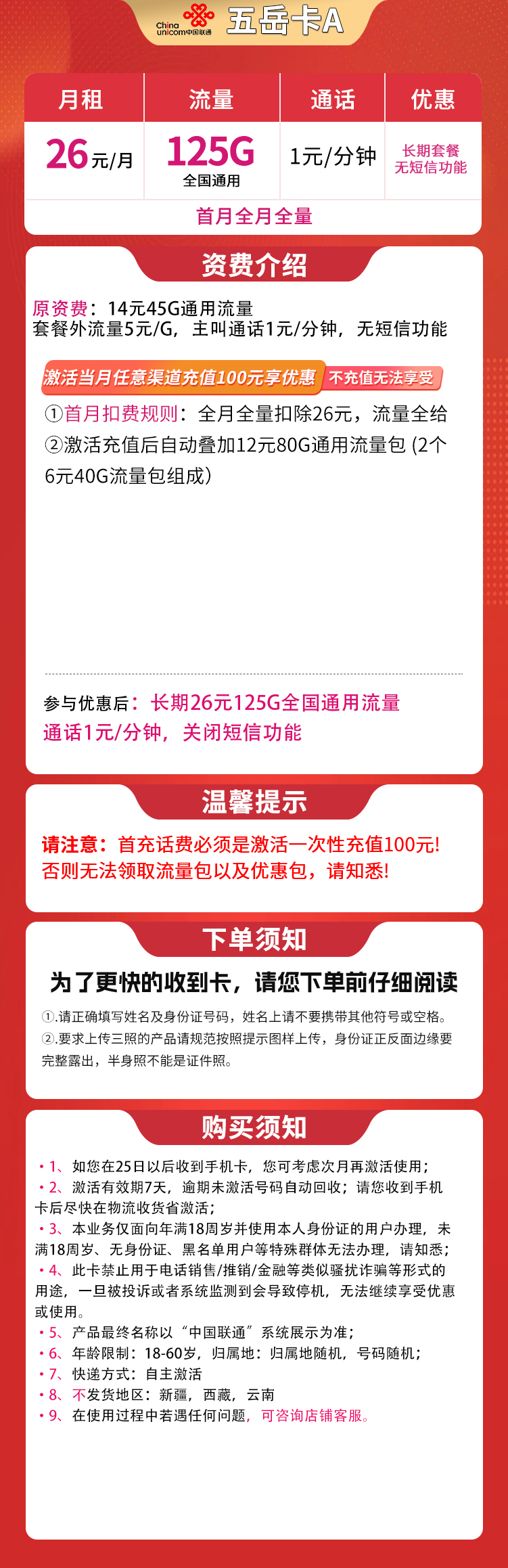 联通五岳卡A 26元125G通用【发全国】