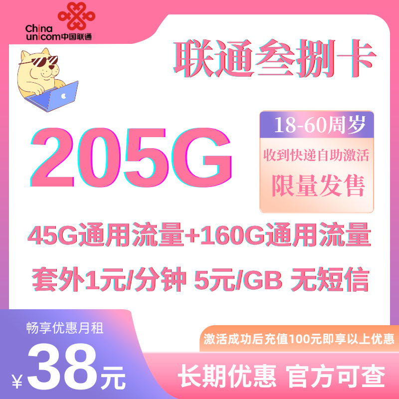 中国联通长期205G卡发全国API专用丨38元205G全国通用+1元/分钟（长期套餐）