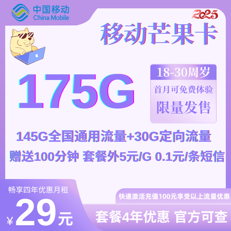 中国移动175G卡四年优惠 全国发货丨29元145G通用流量+30G定向流量+100分钟（充值100享四年优惠）