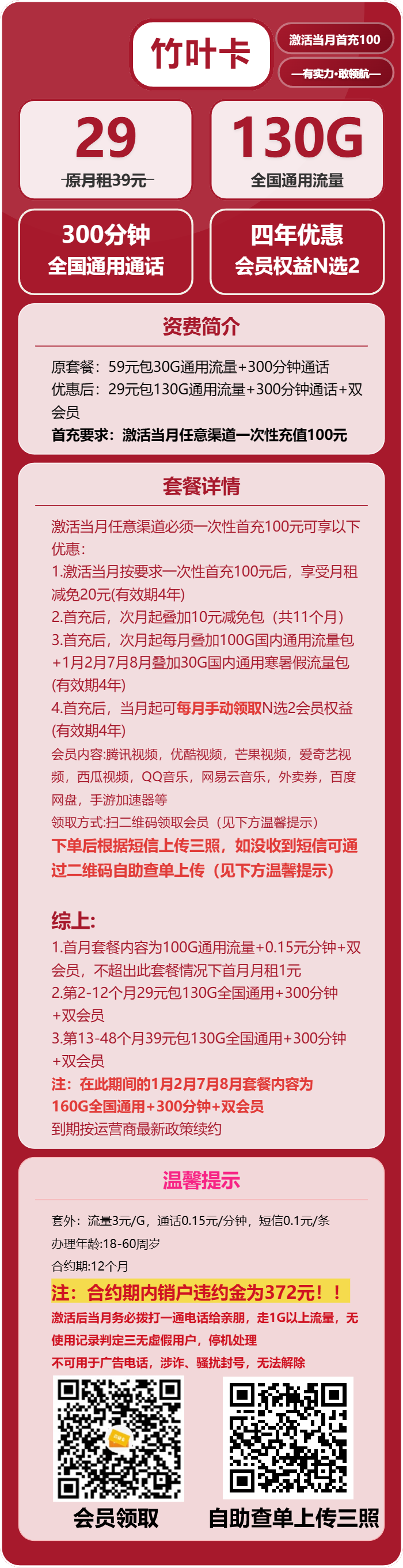 联通竹叶卡29元包130G通用+300分钟+双会员