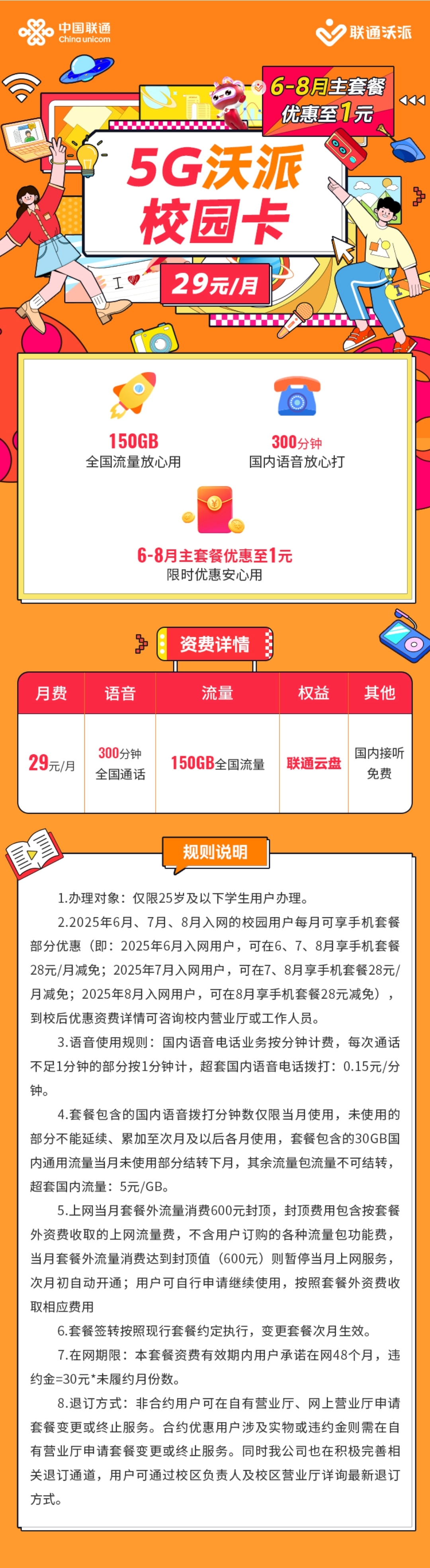 中国联通长期29元150G卡发全国