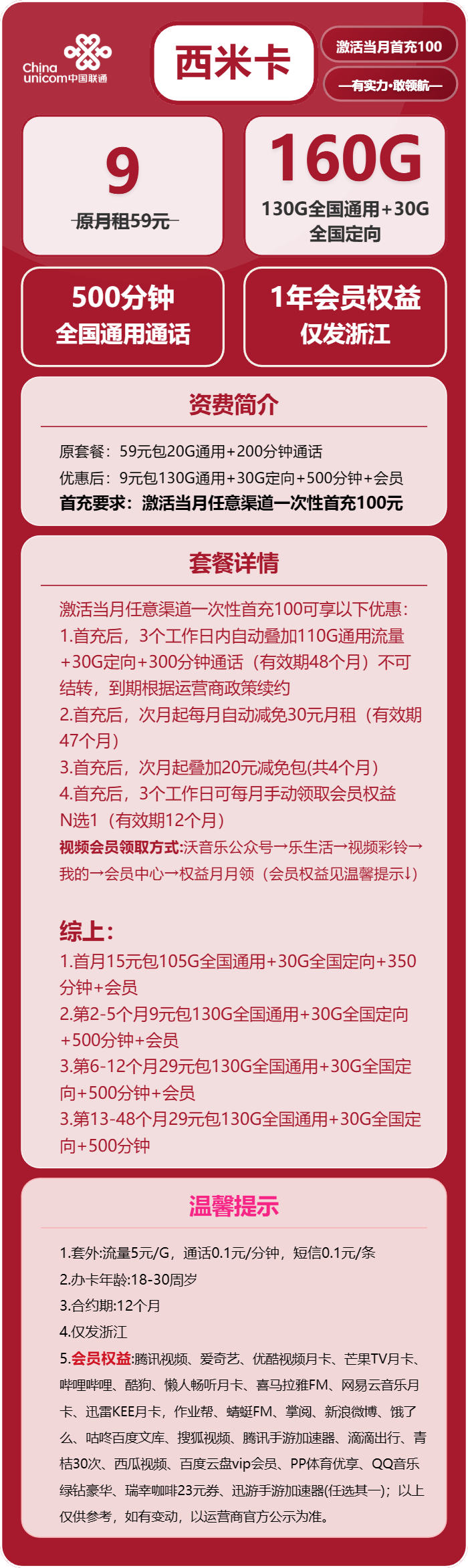 联通西米卡9元包130G通用+30G定向+500分钟+会员