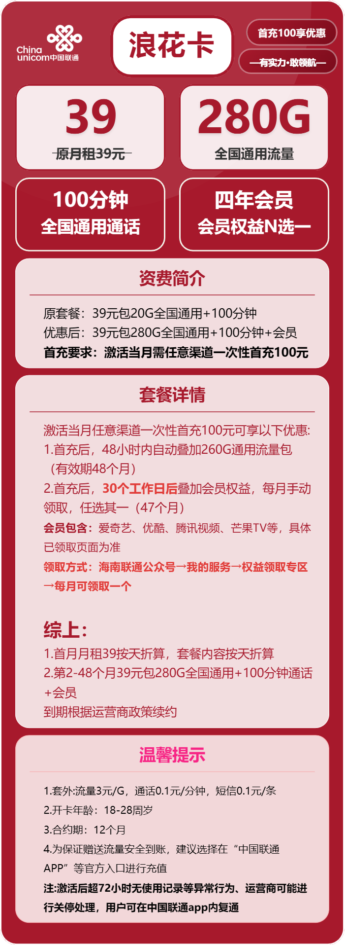 联通浪花卡39元包280G通用+100分钟+会员