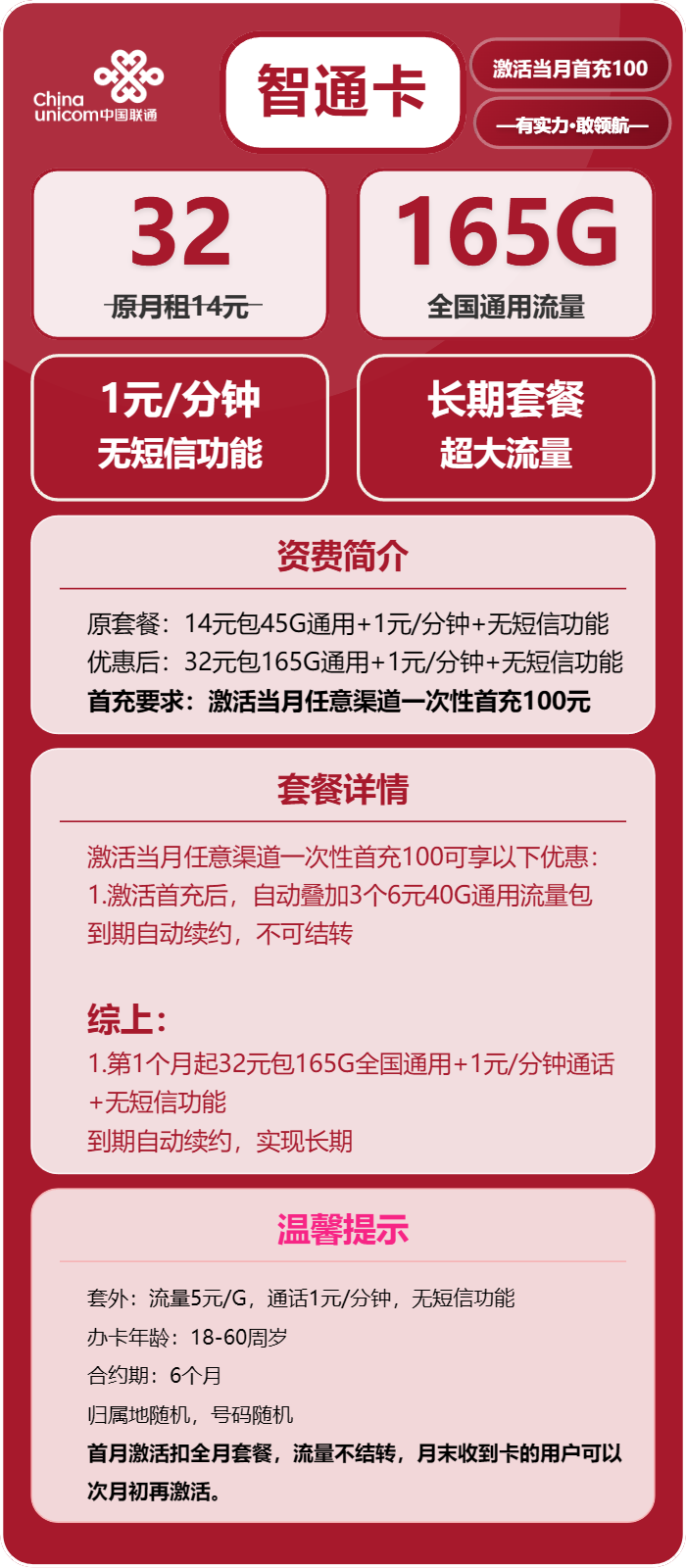 联通智通卡32元包165G通用+通话1元/分钟