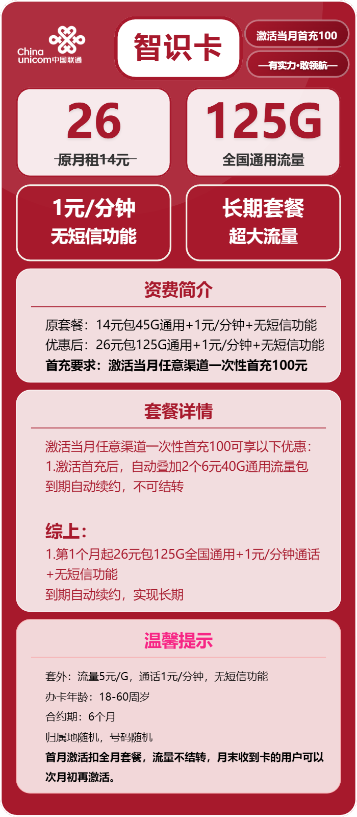 联通智识卡26元包125G通用+通话1元/分钟