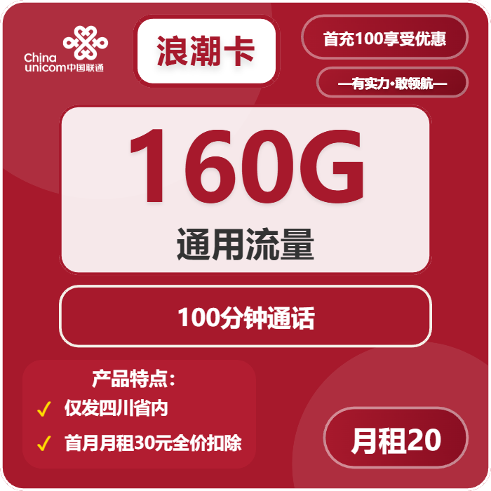 联通浪潮卡30元包160G通用+100分钟