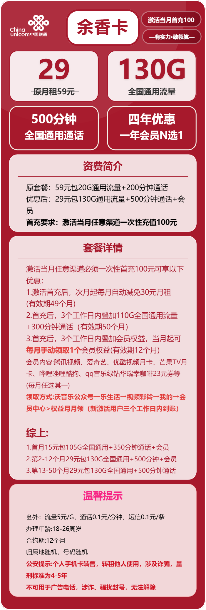 联通余香卡29元包130G通用+500分钟+会员