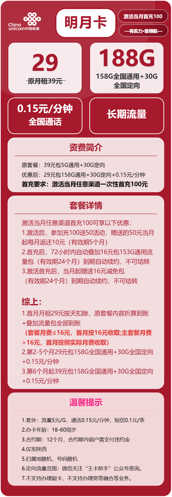 联通明月卡29元包158G通用+30G定向+通话0.15元/分钟