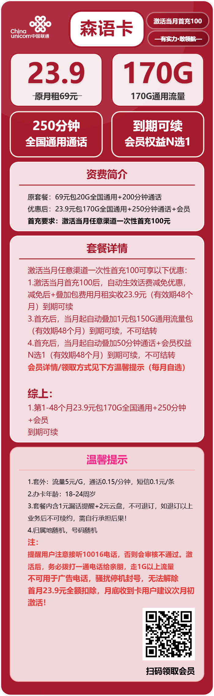 联通森语卡23.9元包170G通用+250分钟+会员