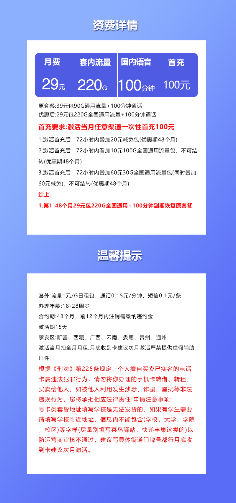 联通飞凌卡29元220G+100分钟