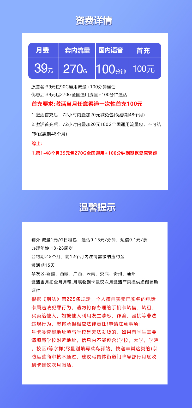 联通飞舒卡39元270G+100分钟