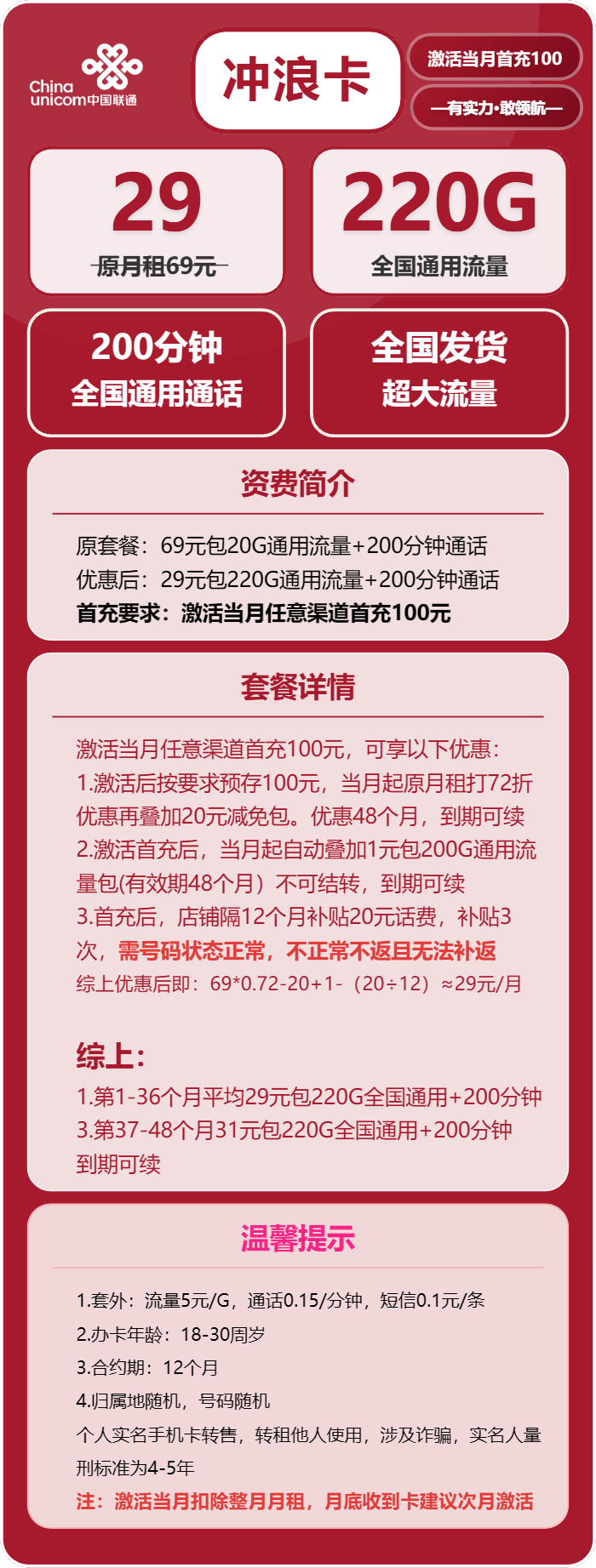 联通冲浪卡29元包220G通用+200分钟