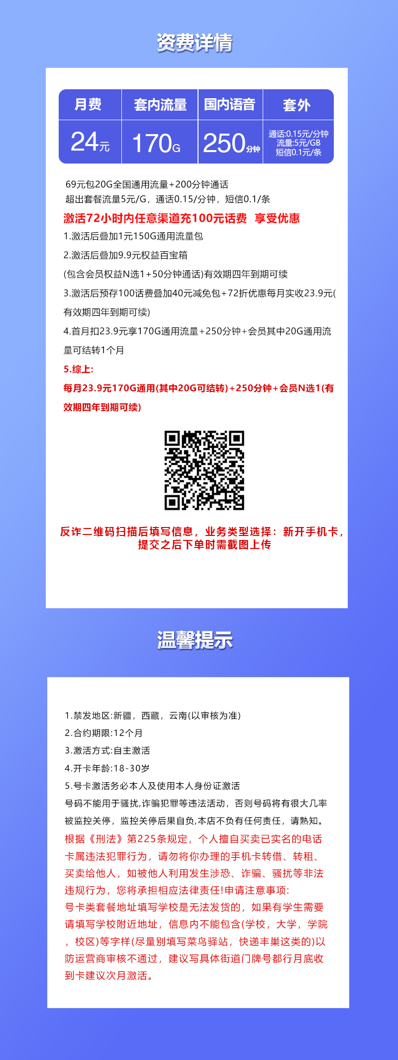 联通飞鹤卡24元170G流量+250分钟通话