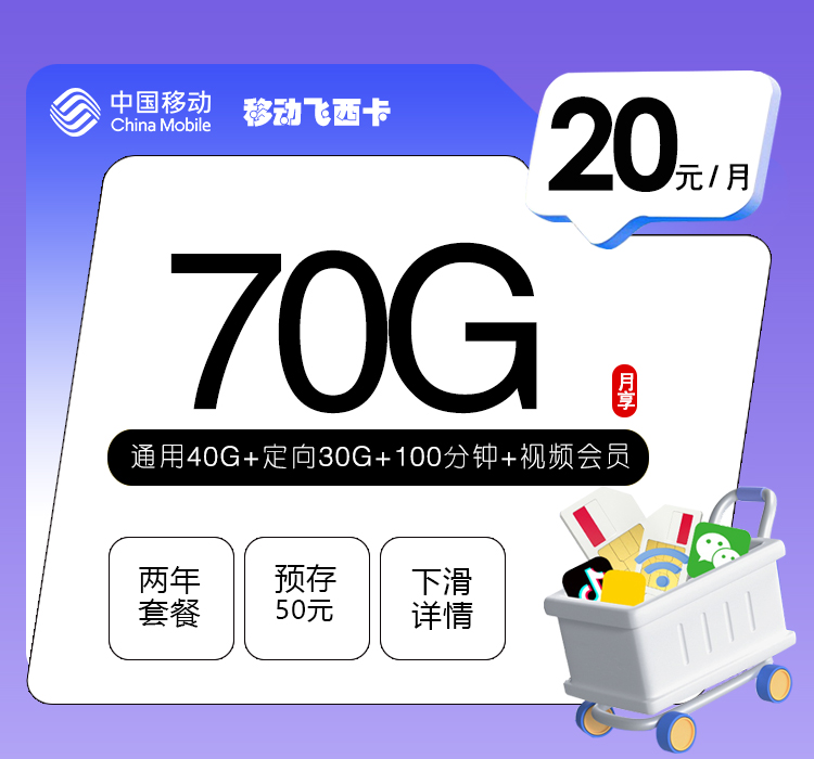 移动飞西卡20元70G+100分钟+视频会员