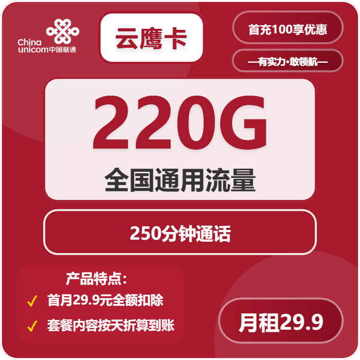 联通云鹰卡29.9元包220G通用+250分钟+会员