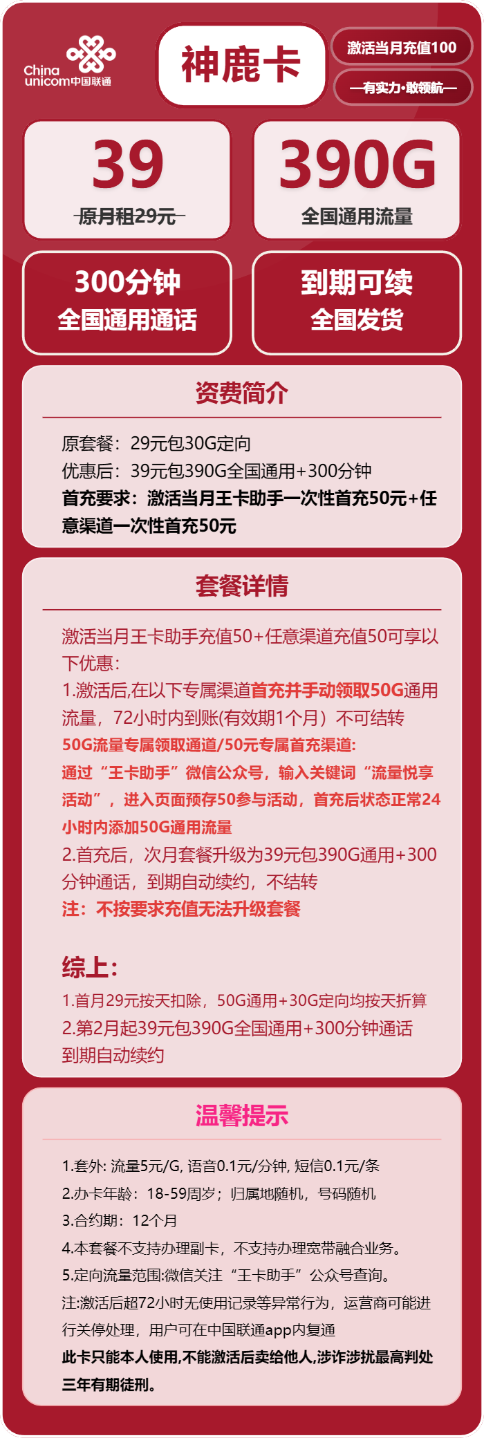 联通神鹿卡39元包390G通用+300分钟
