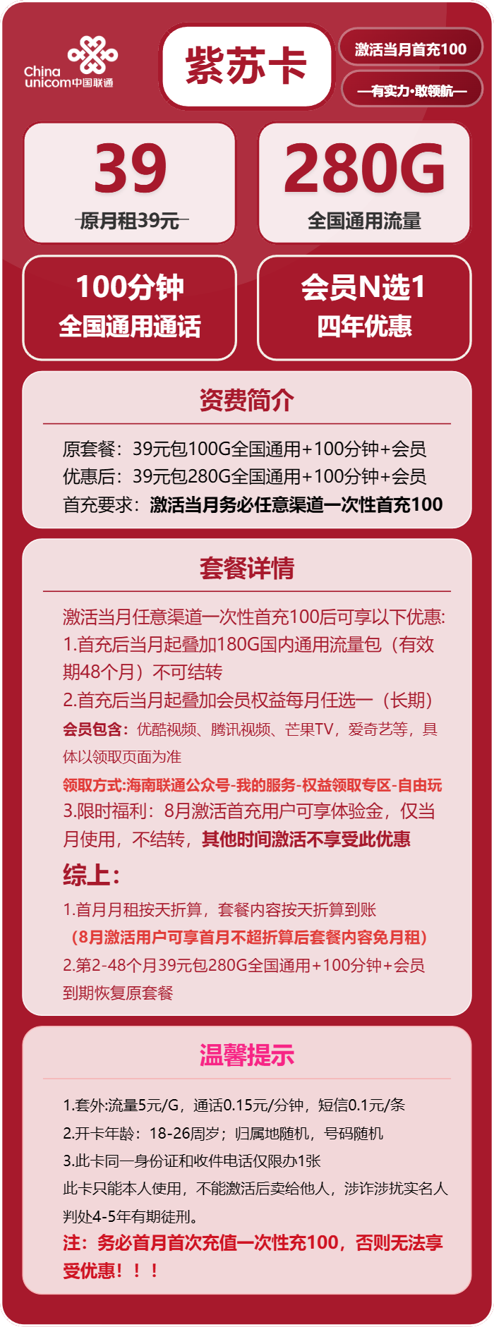 联通紫苏卡39元包280G通用+100分钟+会员