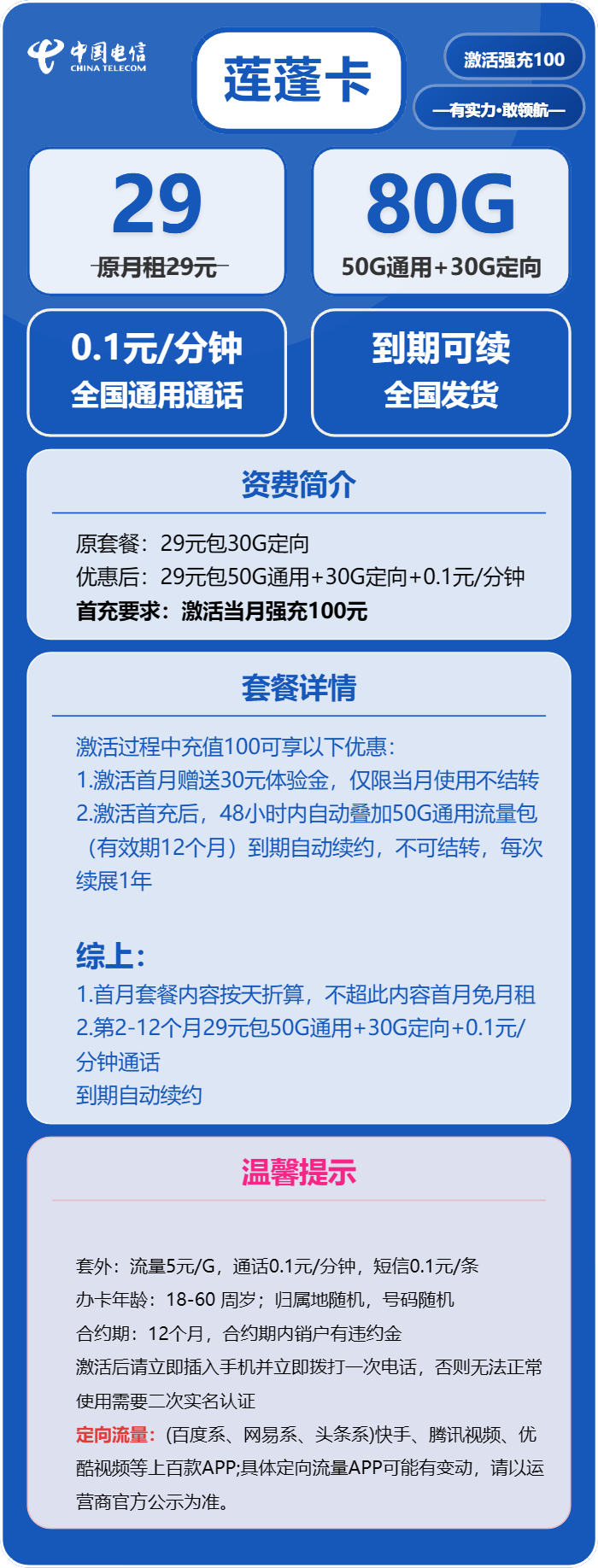 电信莲蓬卡29元包50G通用+30G定向+通话0.1元/分钟