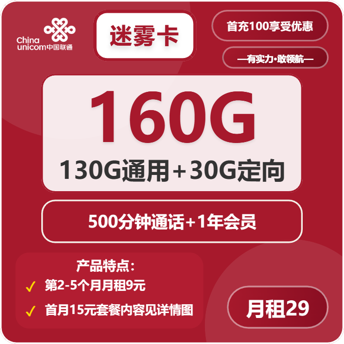 联通迷雾卡29元包130G通用+30G定向+500分钟+会员