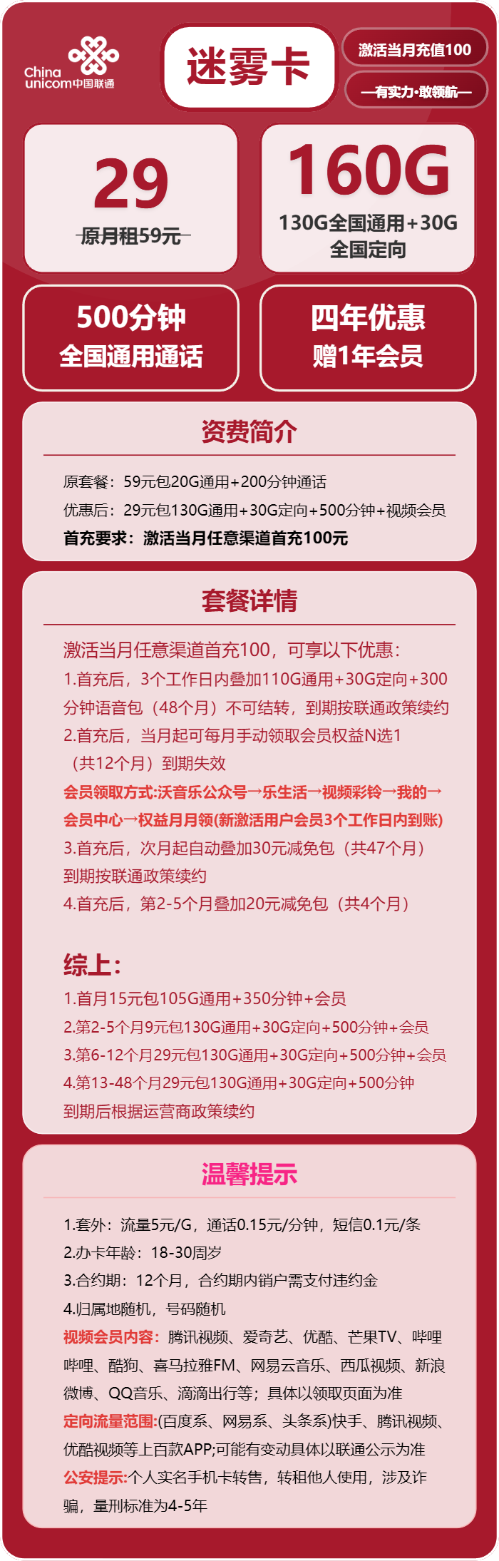 联通迷雾卡29元包130G通用+30G定向+500分钟+会员