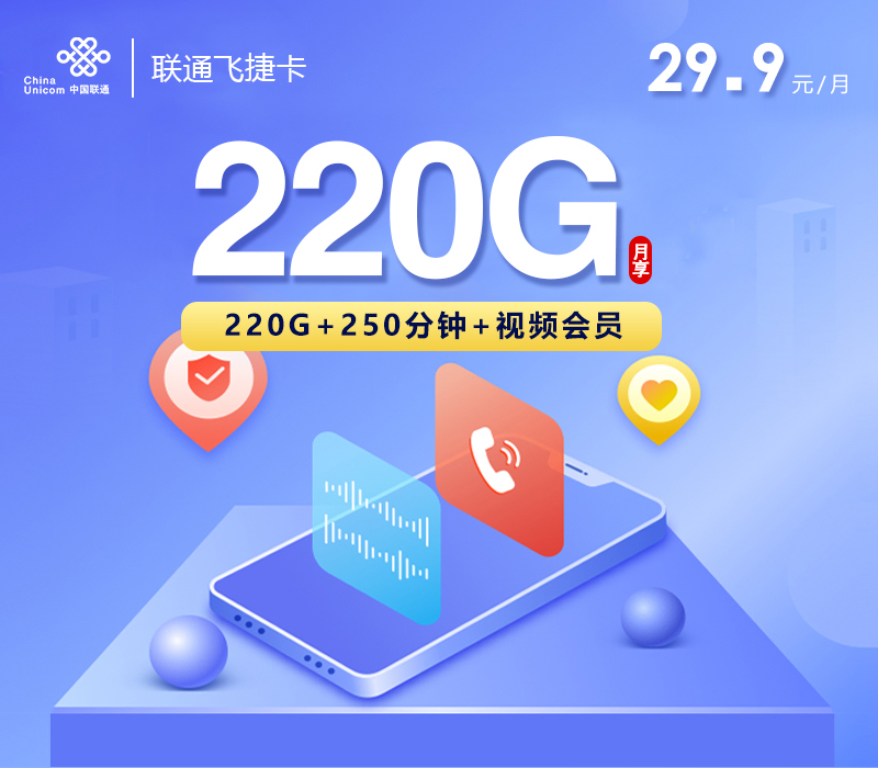 联通飞捷卡29.9元220G+250分钟+视频会员