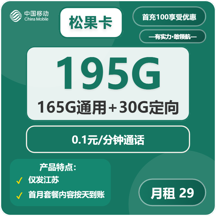 移动松果卡29元包165G通用+30G定向+通话0.1元/分钟