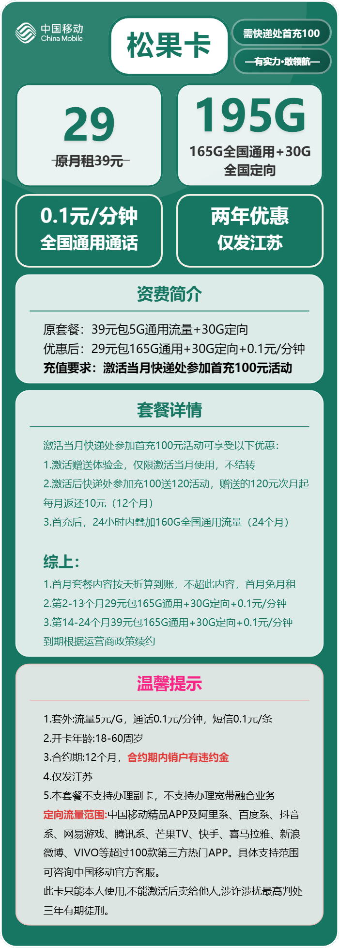 移动松果卡29元包165G通用+30G定向+通话0.1元/分钟