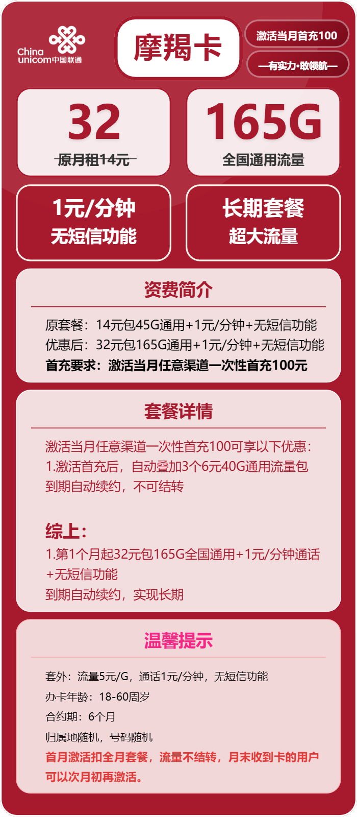 联通摩羯卡32元包165G通用+通话1元/分钟