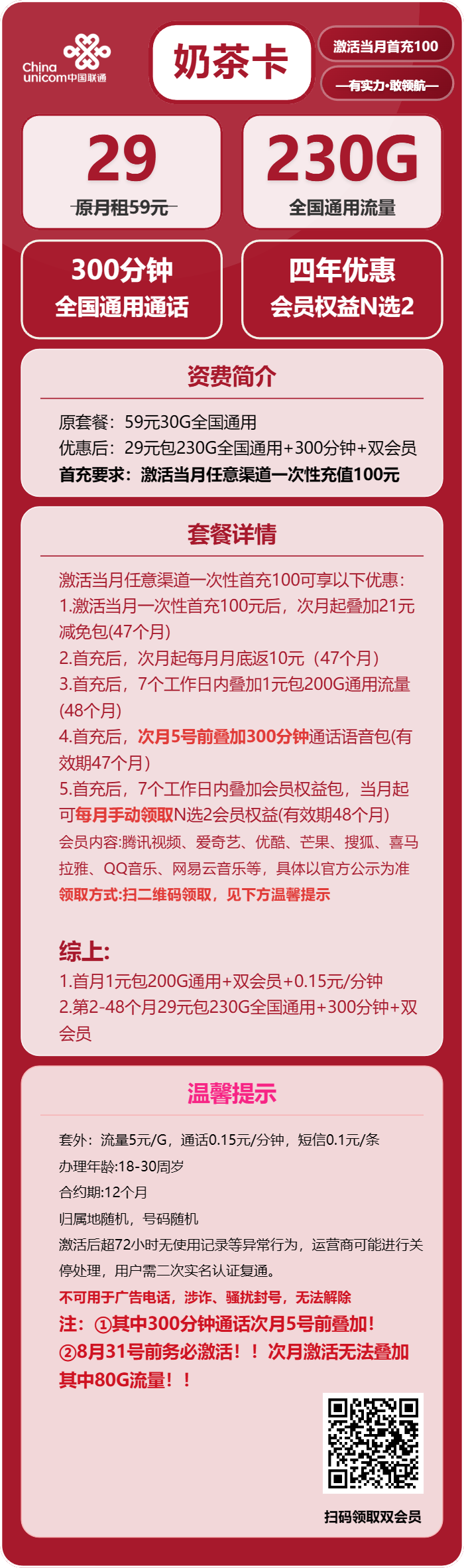 联通奶茶卡29元包230G通用+300分钟+双会员