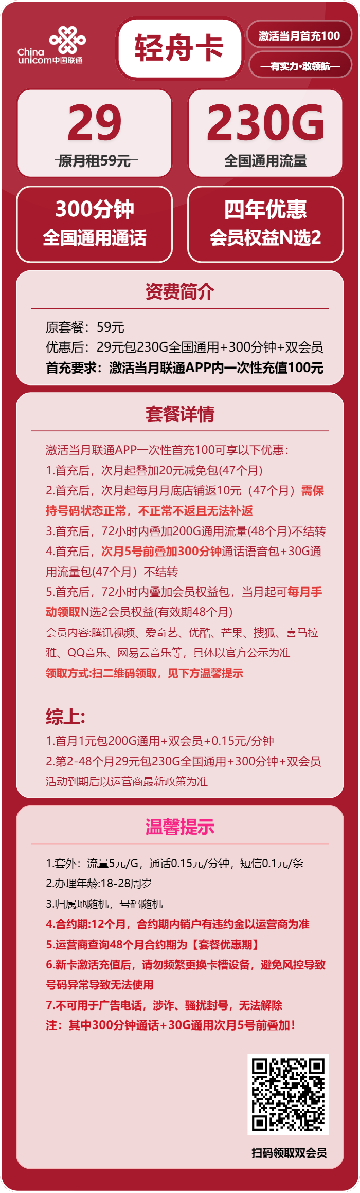 联通轻舟卡29元包230G通用+300分钟+双会员