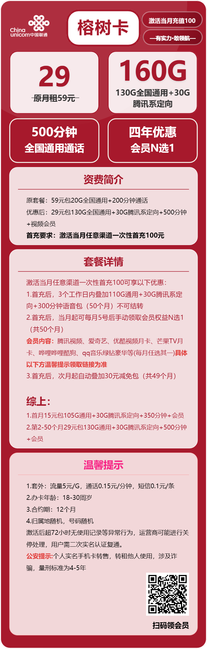 联通榕树卡29元包130G通用+30G定向+500分钟+会员