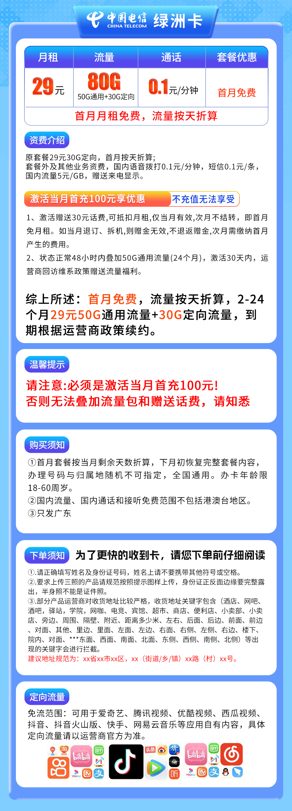 电信绿洲卡29元80G【只发广东】