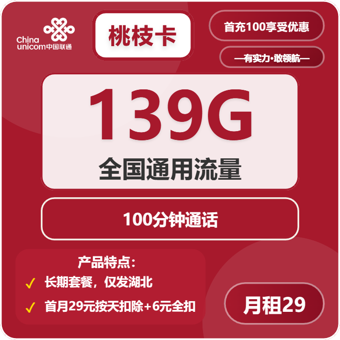 联通桃枝卡29元包139G通用+100分钟