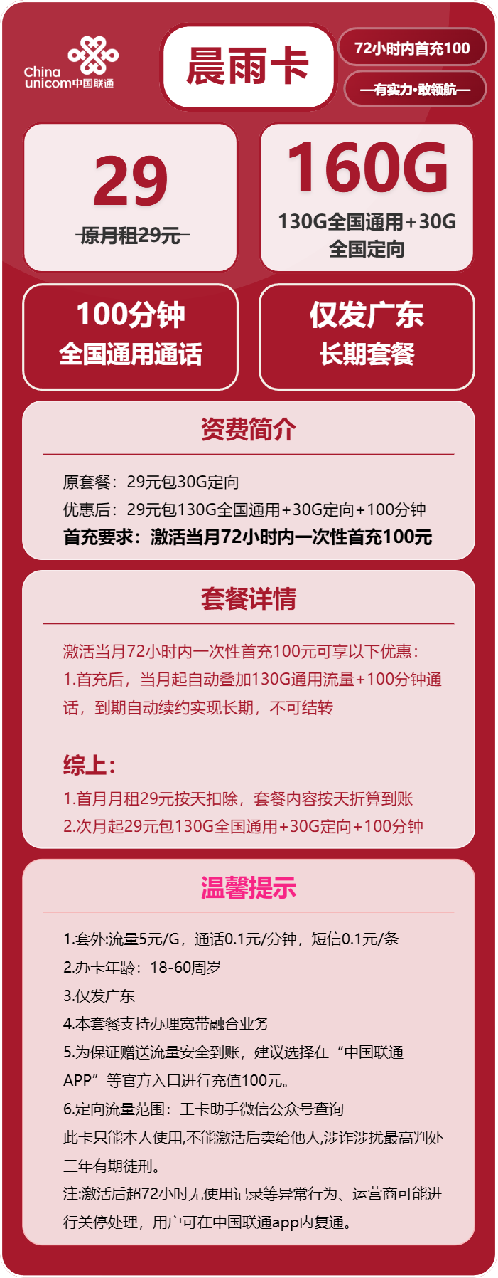 联通晨雨卡29元包130G通用+30G定向+100分钟