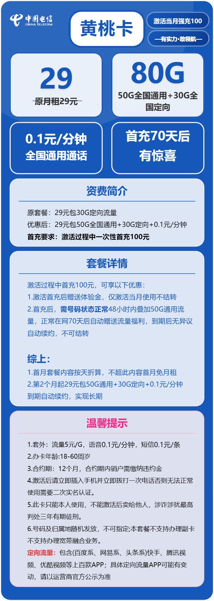 电信黄桃卡29元包50G通用+30G定向+通话0.1元/分钟