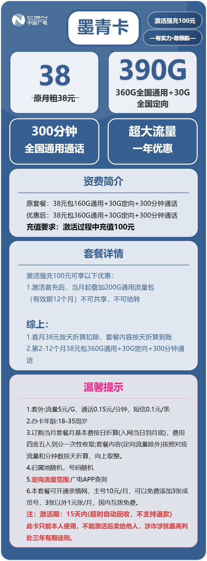 广电墨青卡38元包360G通用+30G定向+300分钟