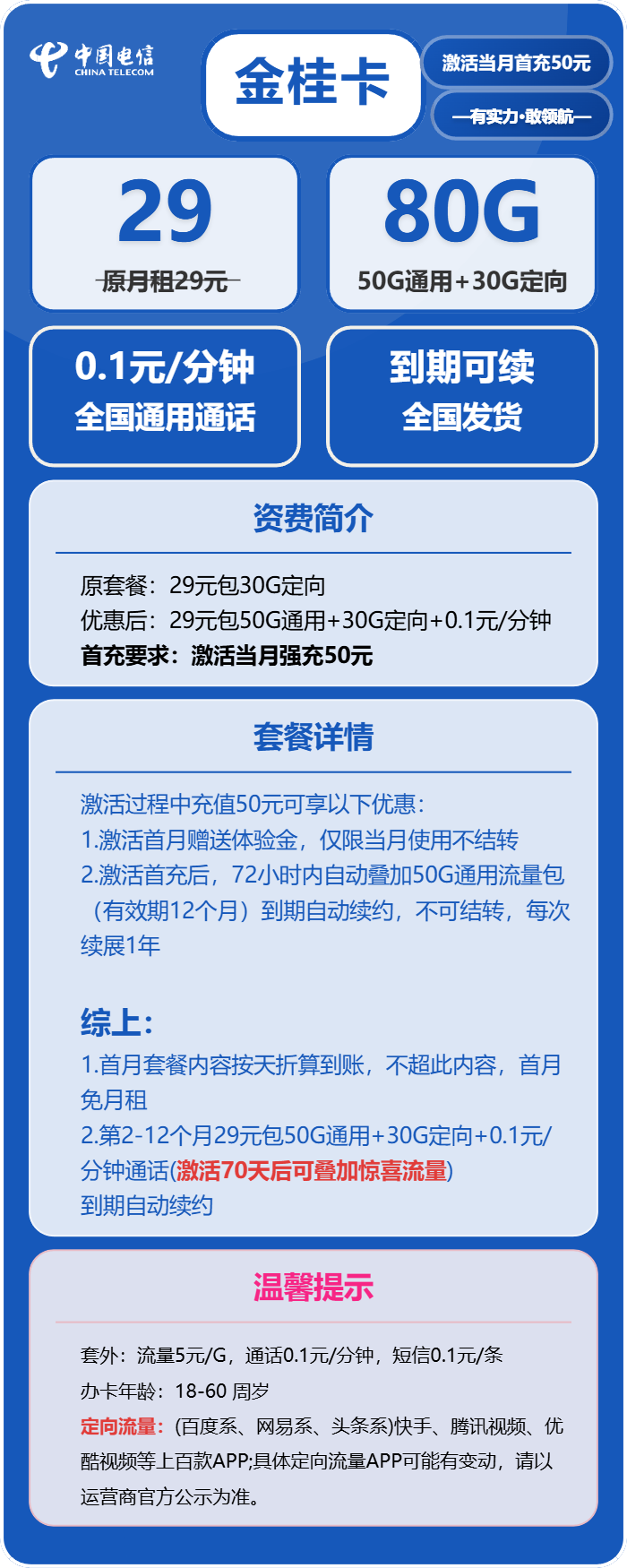 电信金桂卡29元包50G通用+30G定向+通话0.1元/分钟