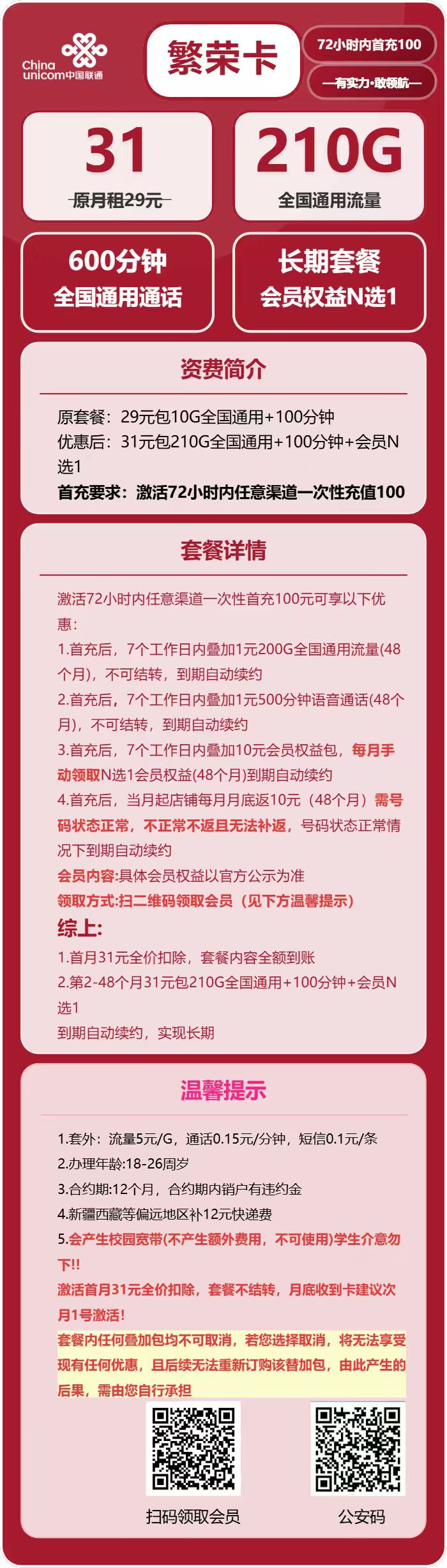 联通繁荣卡31元包210G通用+600分钟+会员N选1