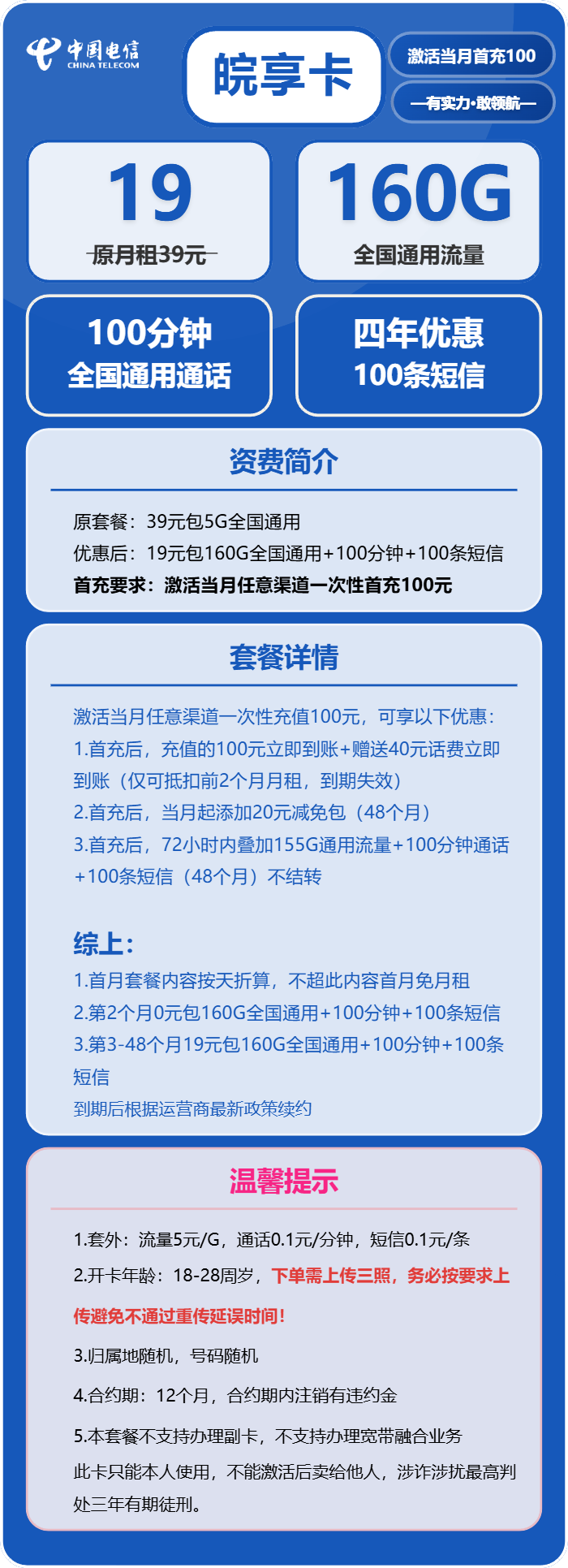 电信皖享卡19元包160G通用+100分钟