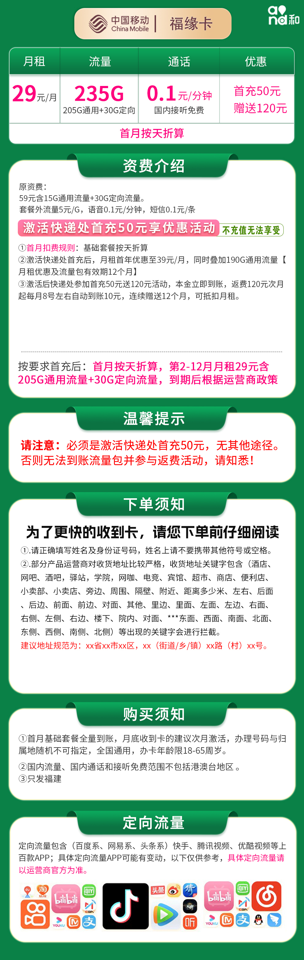 移动福缘卡29元235G【只发福建】