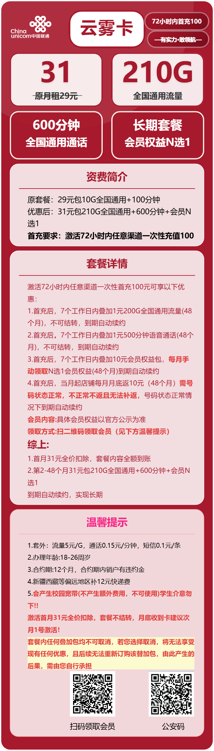 联通云雾卡31元包210G通用+600分钟+会员N选1