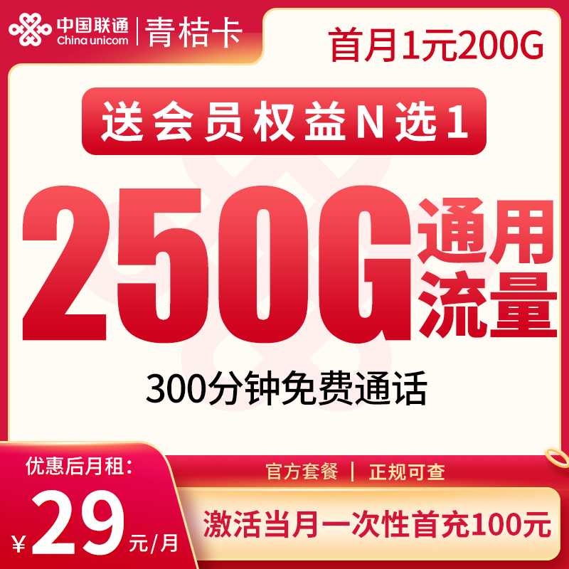 G1联通青桔卡29元250G+300分钟【只发四川】