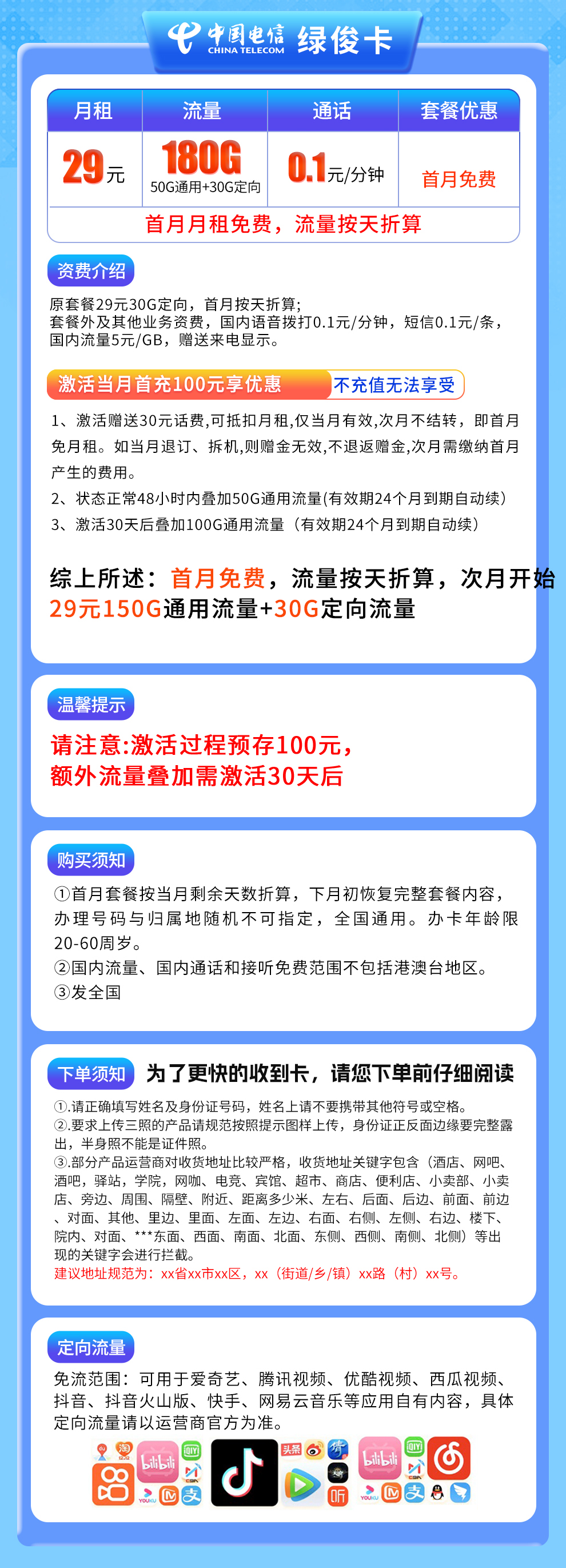 电信绿俊卡29元180G【发全国】