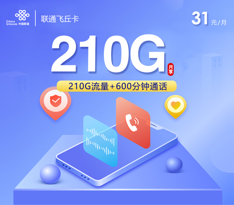 联通飞丘卡31元210G+600分钟+会员